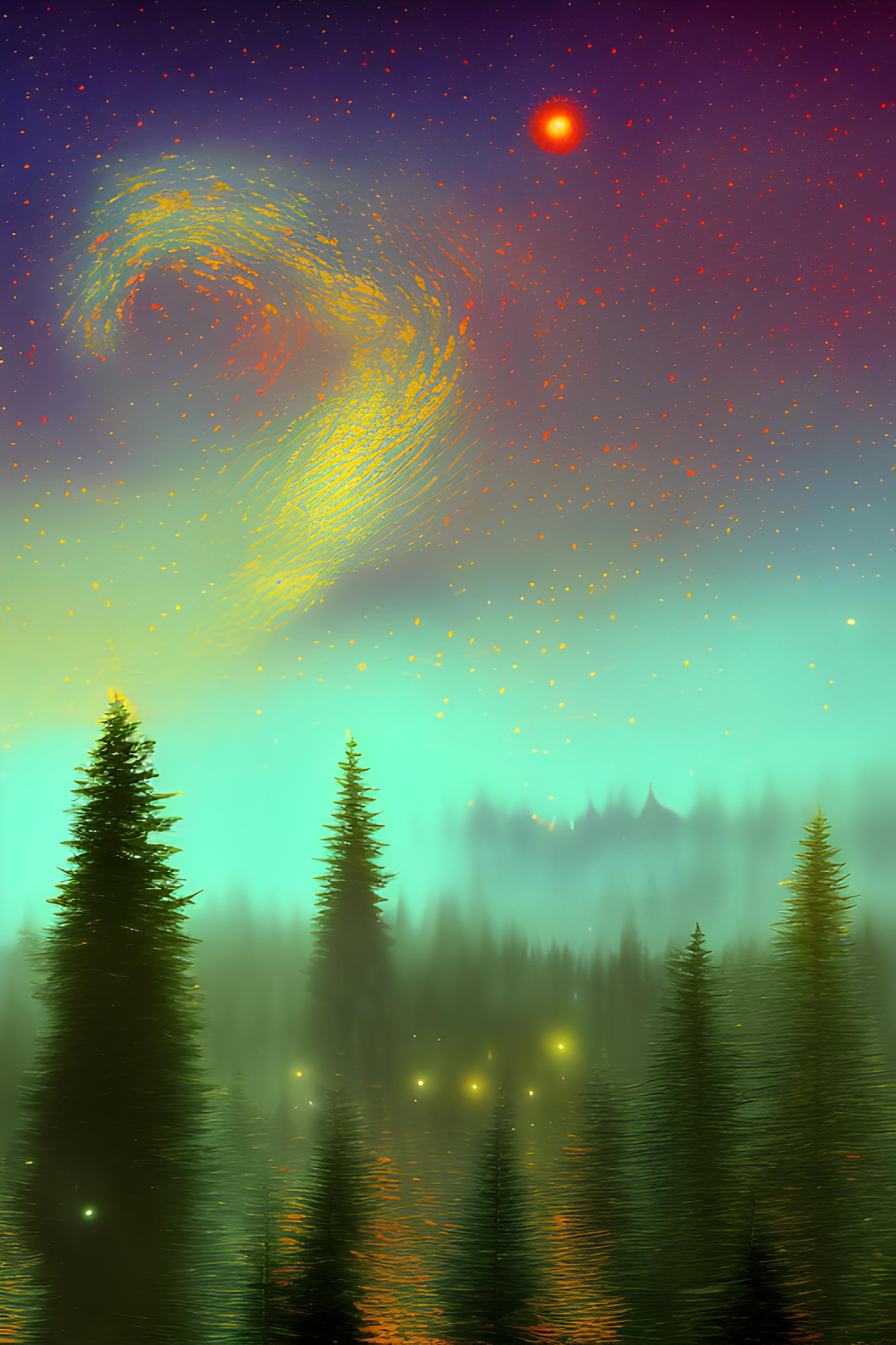 a forest green starry night aesthetic orange stars 